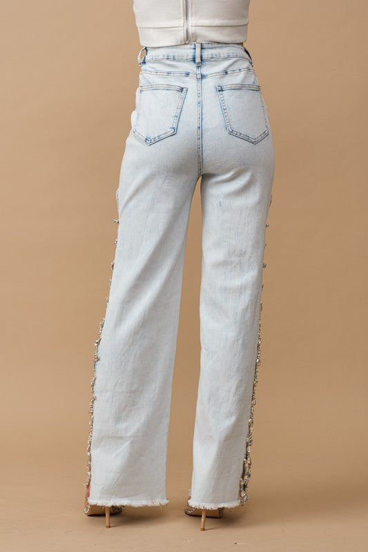 Cut Out At Side w/Jewel Trim Stretch Denim Jeans