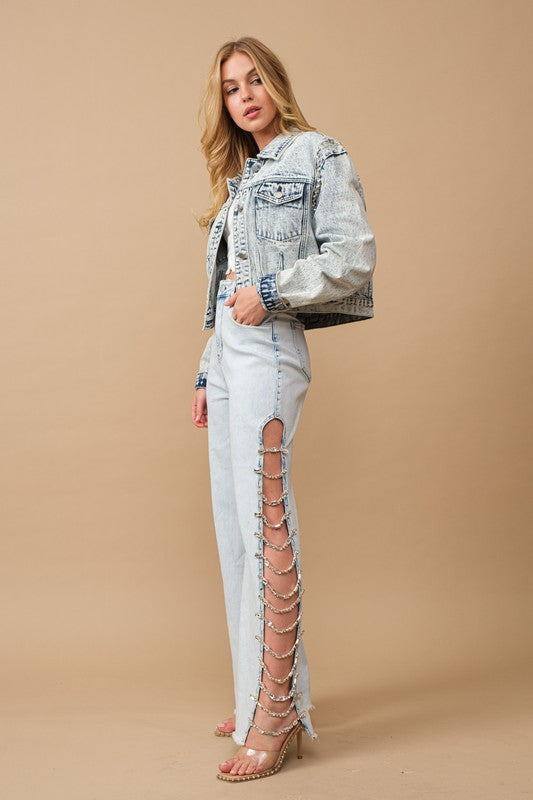 Cut Out At Side w/Jewel Trim Stretch Denim Jeans