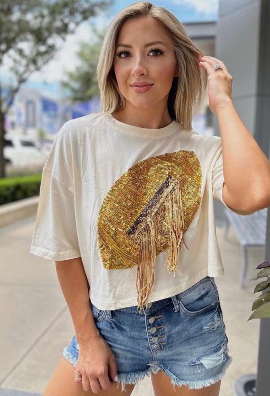 Embellished Fringe Sequined Football Crop Top