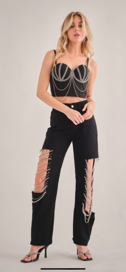 Black Rhinestone Cut Out Jeans