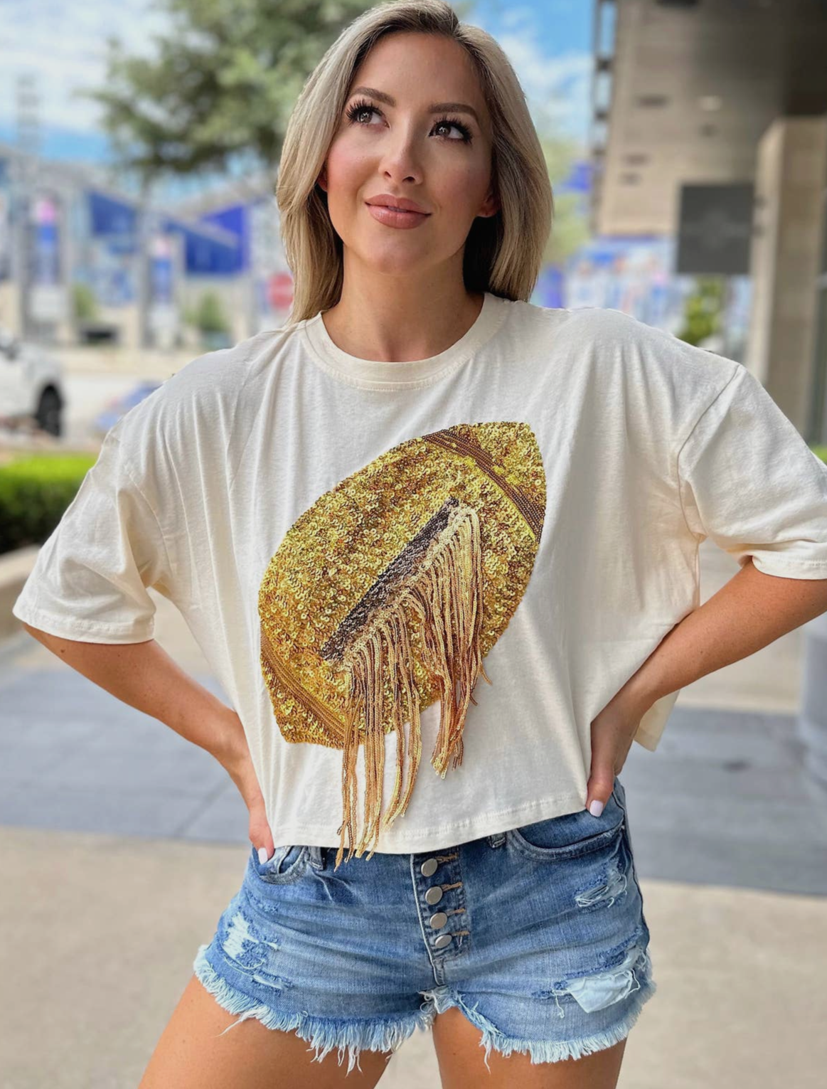 Embellished Fringe Sequined Football Crop Top