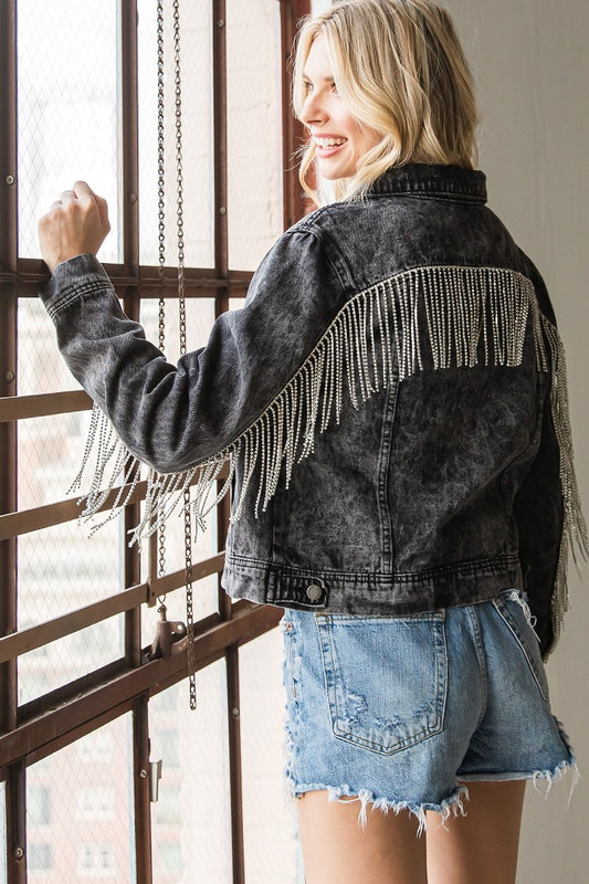 Black Washed Rhinestone Fringe Denim Jacket